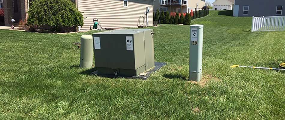Electric service boxes in a residential yard in Belleville, IL.
